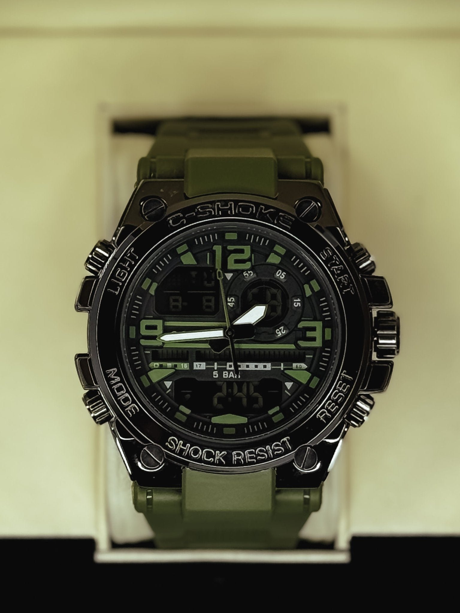 C-Shoke Army Green dual display shock resistant sports watch with 5 BAR water resistance for men in Pakistan - ayezamart