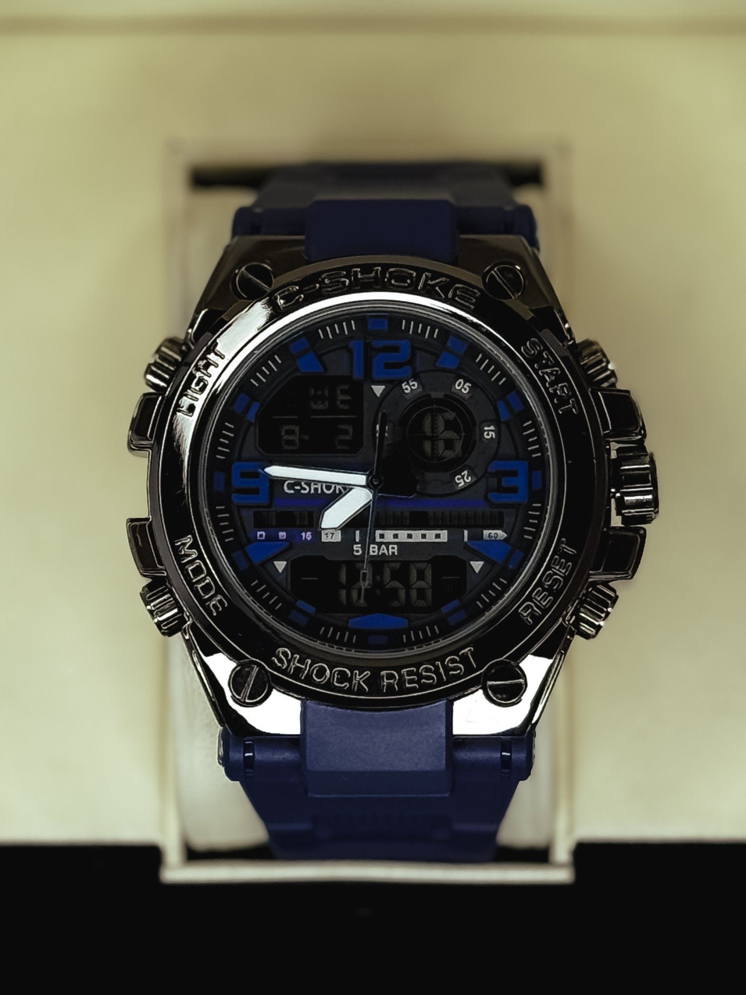 C-Shoke navy blue and black dual display shock resistant sports watch for men in Pakistan with 5 BAR water resistance and rubber strap - Ayeza Mart
