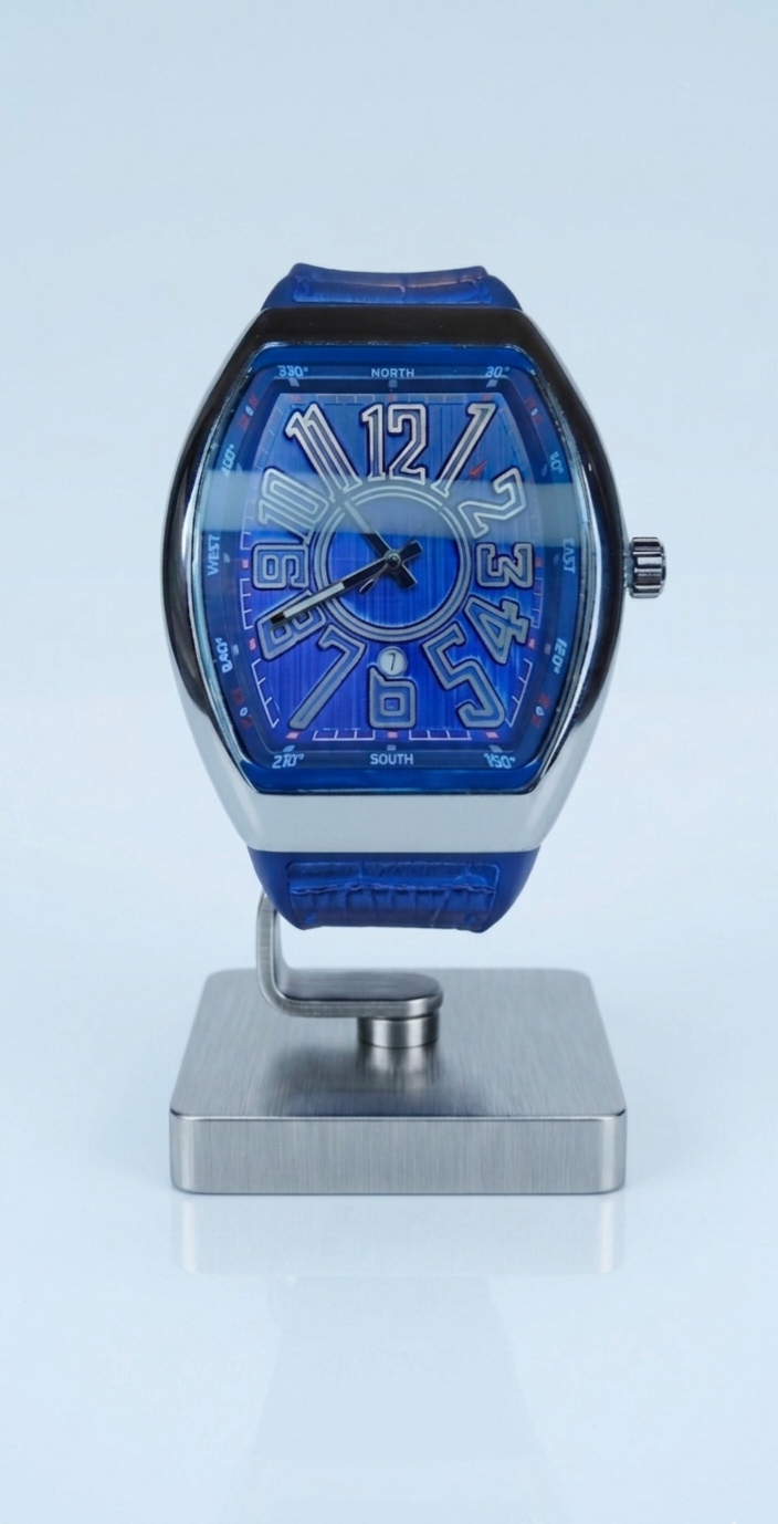 Blue watch for men with compass dial tonneau case silver luxury design blue rubber strap Arabic numerals and small seconds sub dial in Pakistan