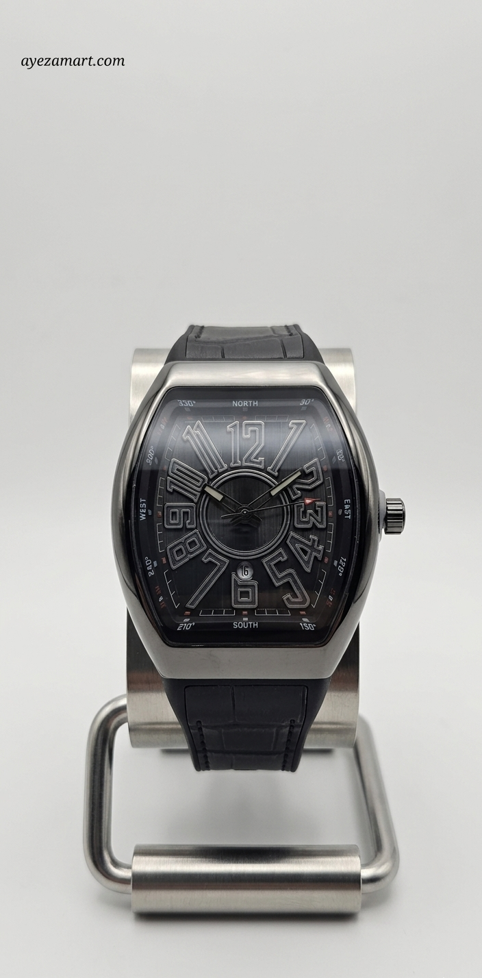 Iced out watch for men silver diamond dial tonneau case black crocodile strap luxury statement watch in Pakistan with full iced out design