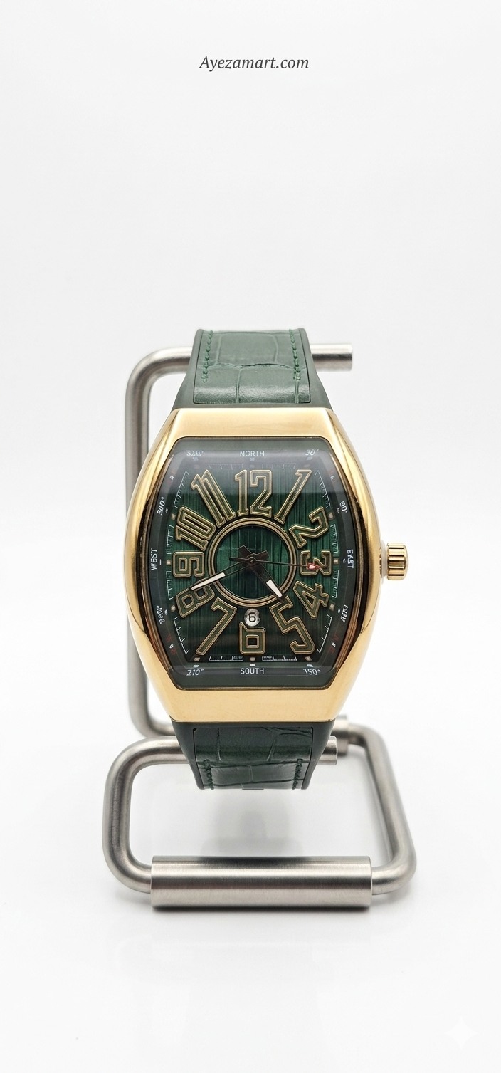 Green watch for men with rose gold tonneau case deep green dial gold Arabic numerals and green crocodile leather strap luxury watch in Pakistan