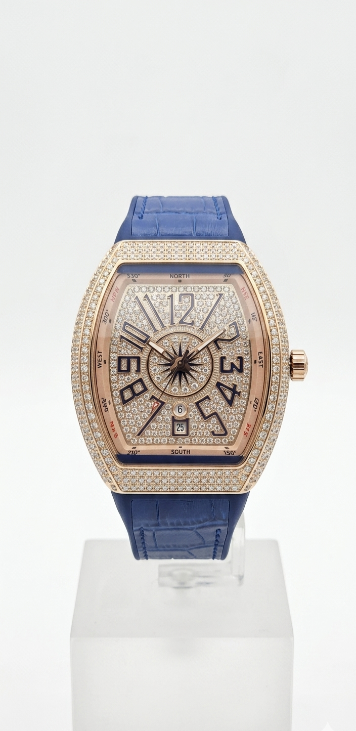 Iced out watch for men rose gold diamond dial tonneau case blue crocodile strap luxury designer watch in Pakistan with full diamond dial