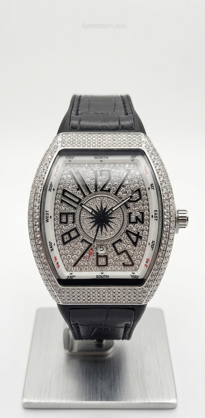 Iced Out Watch for Men Silver Diamond Dial Black Strap Luxury Watch Pakistan