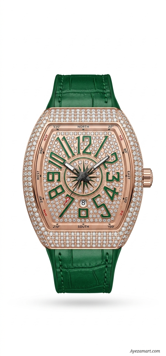 Iced out watch for men with rose gold tonneau case diamond dial green numerals green crocodile strap and date display luxury watch in Pakistan
