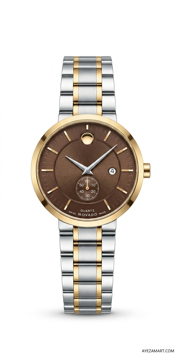 Movado Swiss quartz watch for men with brown sunburst dial small seconds date display silver stainless steel bracelet luxury minimalist watch Pakistan