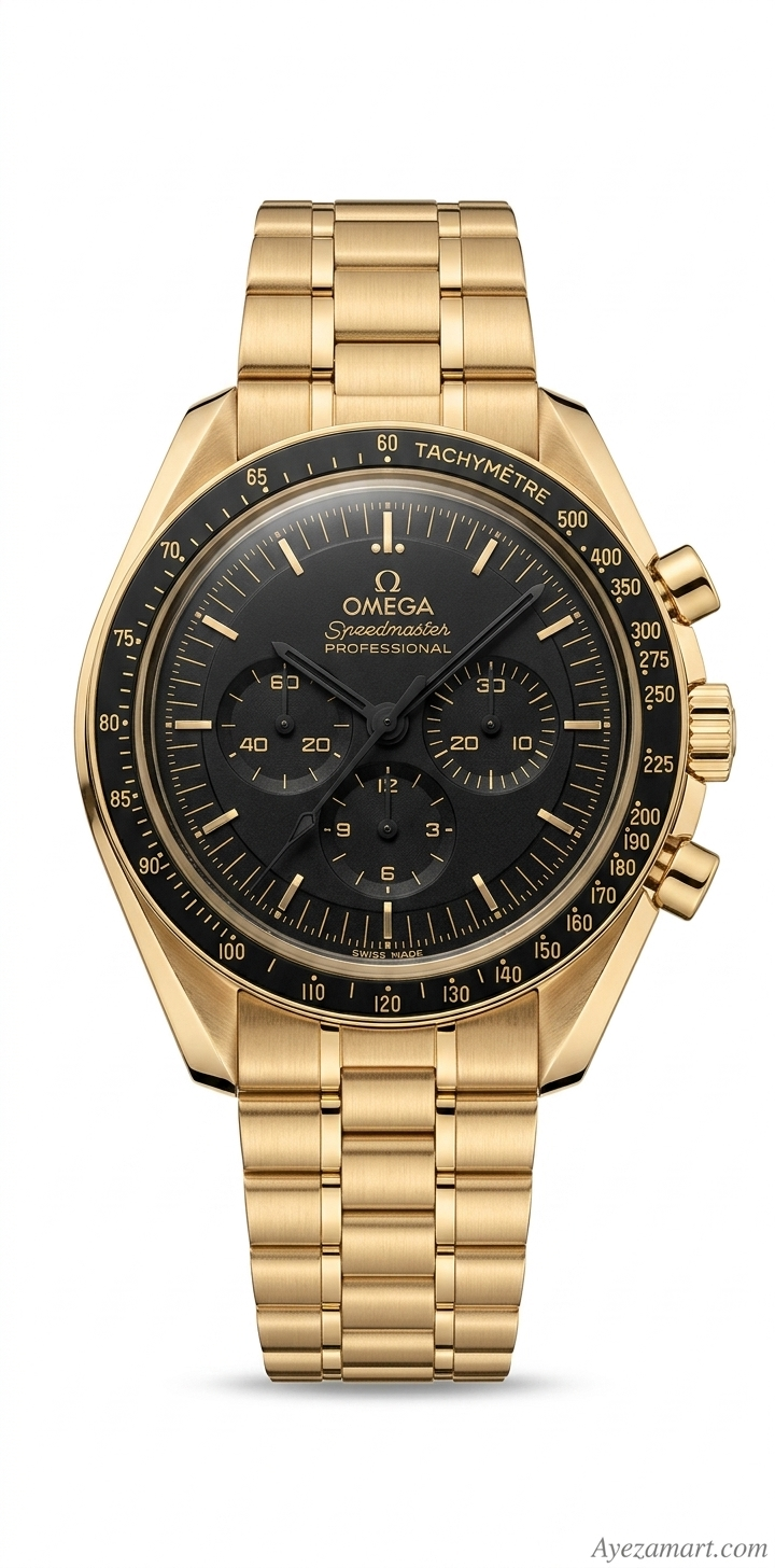 Omega Speedmaster style black dial chronograph watch for men gold stainless steel bracelet tachymeter bezel luxury watch Pakistan