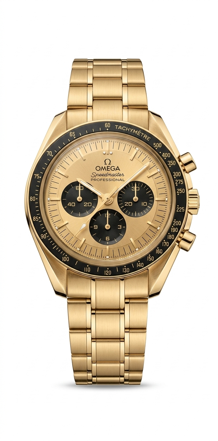 Omega Speedmaster style chronograph watch for men champagne gold dial blue sub dials tachymeter bezel gold stainless steel bracelet luxury watch Pakistan