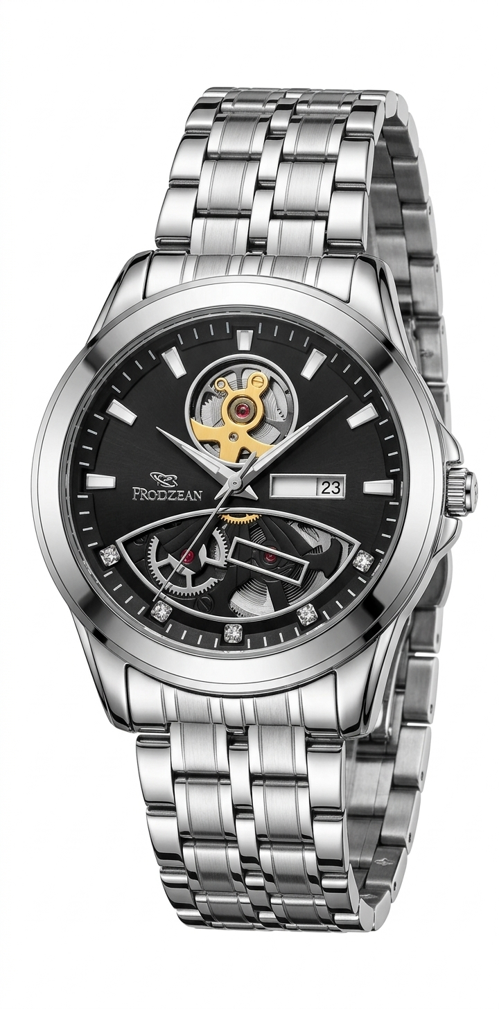 Rizen RZ-734G automatic style watch for men with black mechanical dial silver stainless steel bracelet day date luxury watch Pakistan