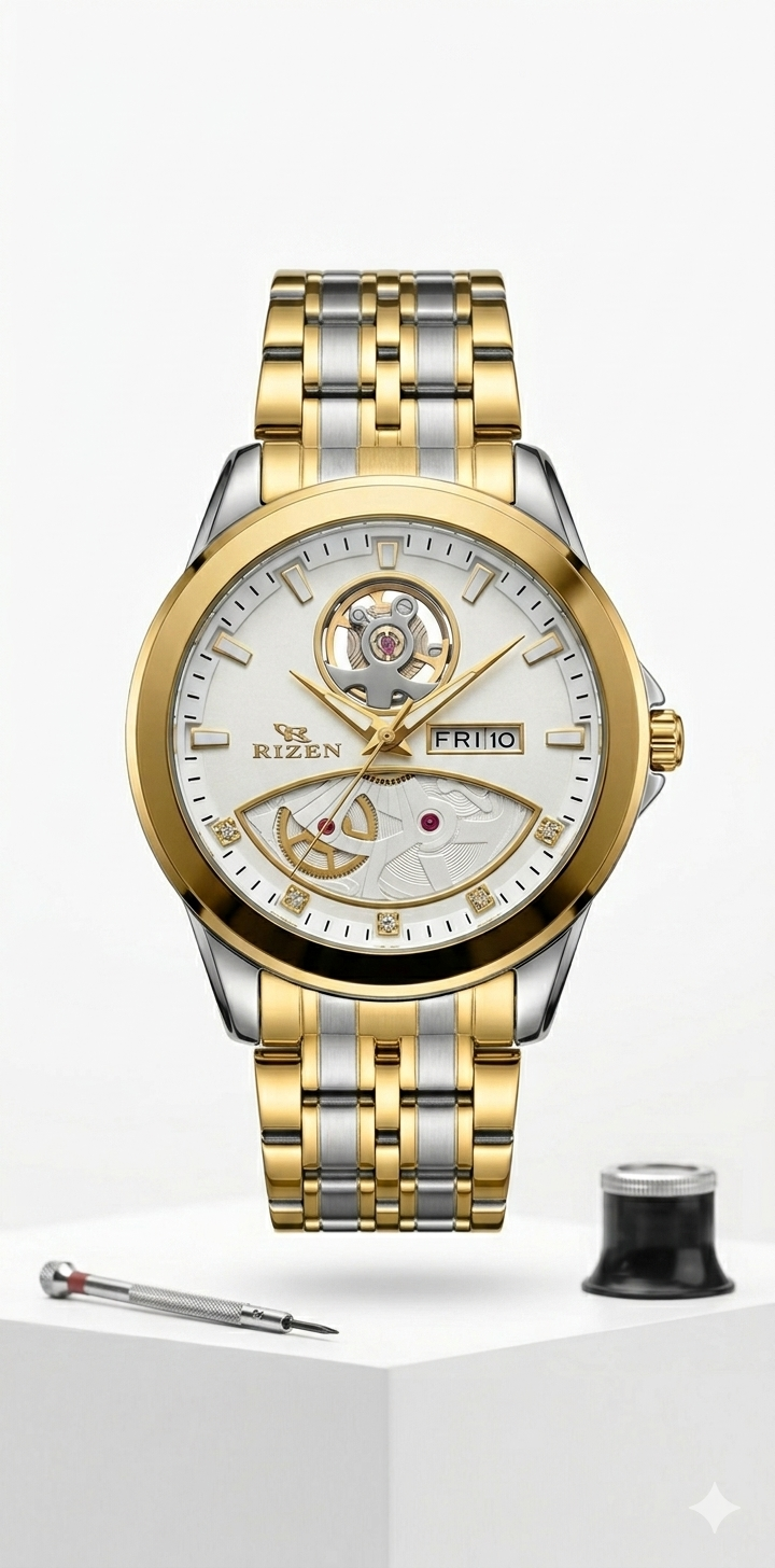 Rizen day date watch for men with white dial gold tone case two tone gold silver bracelet and full day date display luxury watch Pakistan